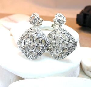 Genuine Polki Cut Diamond Sterling Silver Earrings  1.86CT